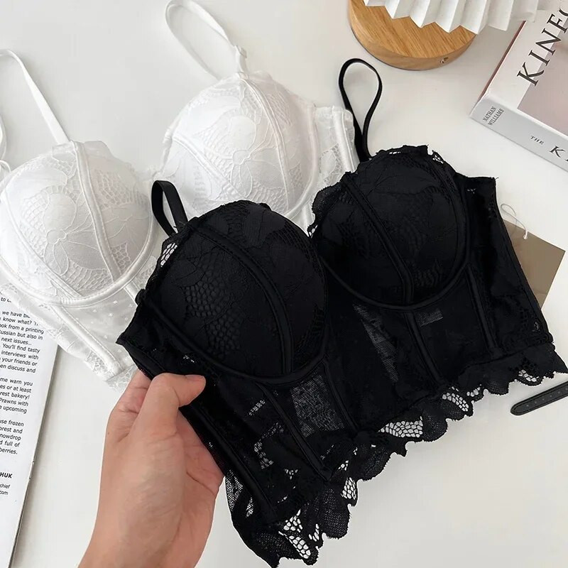 Γαλλικό κομψό σέξι γυναικείο μπλουζάκι με δαντέλα διάφανη σπαγγέτι με λουράκι κορσελέτες Γυναικεία φανελάκια ενσωματωμένα σε σουτιέν Εξώπλατο Skinny Camis Dropship