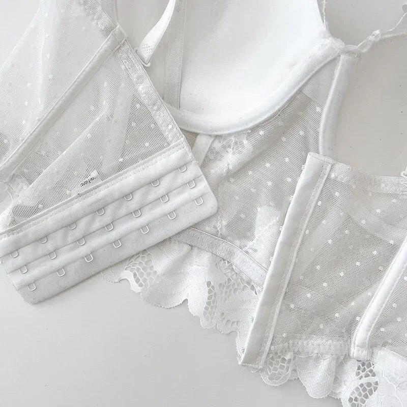 Γαλλικό κομψό σέξι γυναικείο μπλουζάκι με δαντέλα διάφανη σπαγγέτι με λουράκι κορσελέτες Γυναικεία φανελάκια ενσωματωμένα σε σουτιέν Εξώπλατο Skinny Camis Dropship