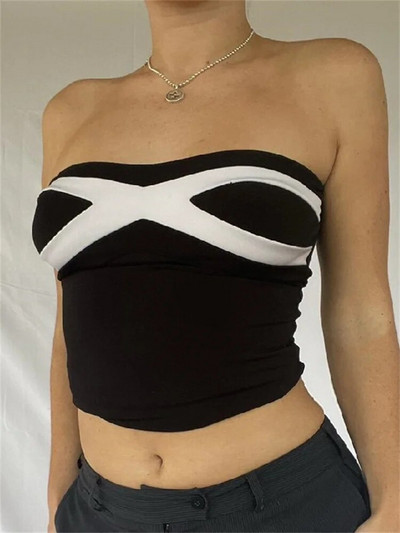 CHRONSTYLE juodai balti kratiniai be petnešėlių, palaidinės, seksualios moteriškos krūtinės, krūtinės, vasaros vakarėlio, klubinės aprangos liemenės