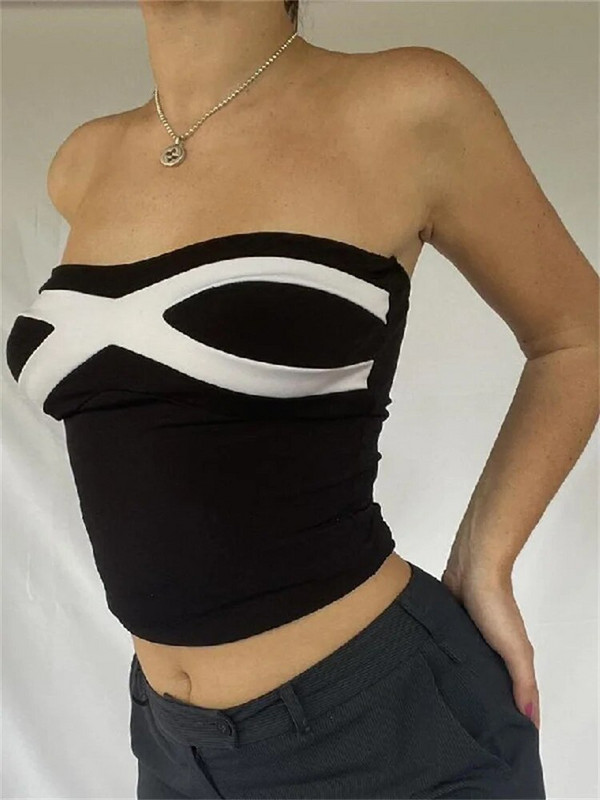 CHRONSTYLE juodai balti kratiniai be petnešėlių, palaidinės, seksualios moteriškos krūtinės, krūtinės, vasaros vakarėlio, klubinės aprangos liemenės