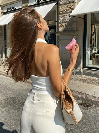 Σέξι φανελάκι με λευκά halter για γυναικεία ρούχα Streetwear 2023, αμάνικο πλεκτό γιλέκο με ραβδώσεις Cropped Feminino