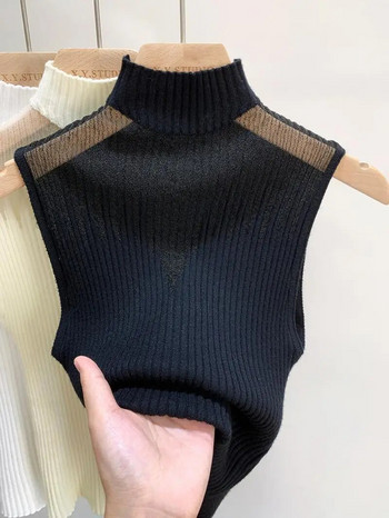 Διχτυωτό κρεμαστό λαιμό Ημι-ψηλό λαιμό πλεκτό μικρό γιλέκο Γυναικείο εσώρουχο πουλόβερ Αμάνικο μπλουζάκι Κοντό τανκ Γυναικείο