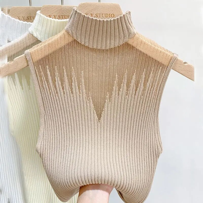 Tinklinis kabantis kaklas Pusiau aukšto kaklo megzti maža liemenė moteriški apatiniai megztiniai be rankovių marškinėliai trumpi, moteriški