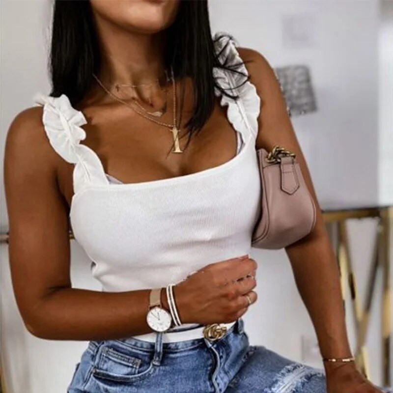 Γυναικείες μπλούζες με τετράγωνο γιακά Μασίφ πλεκτό Casual Basic καλοκαιρινό ριμπ λεπτές βολάν Γυναικείες μπλούζες