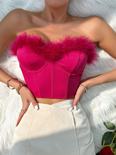 CHRONSTYLE Γυναικείες κορσέδες σωληνωτές μπλούζες στράπλες μακριά Μπουστάκια ώμου μονόχρωμη γούνα Διακοσμητικά Push Up Tank Summer Party Club Mini γιλέκο