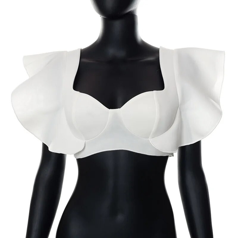 Elegantsed volangidega naiste topid Solid Naba Sweet Style Skinny Short Sleeve Club Party White T-särk Suvised naiste topid