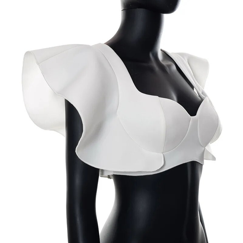 Elegantsed volangidega naiste topid Solid Naba Sweet Style Skinny Short Sleeve Club Party White T-särk Suvised naiste topid