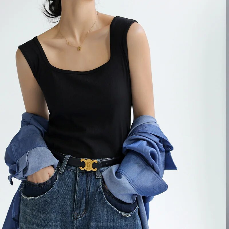 Γυναικείες μπλούζες και μπλουζάκια καλοκαιρινής παραλίας Σέξι αμάνικο εσώρουχο με κρυφό ντεκολτέ στο πλάι Chic Basic Youth Spring Tanks & Camis C4873