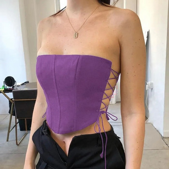 Off Shoulder Strapless Lace Up Sexy Bustier Corset Crop Tops για Γυναικείες Μαύρο αμάνικο φανελάκι Cropped Feminino