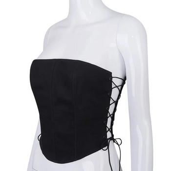 Off Shoulder Strapless Lace Up Sexy Bustier Corset Crop Tops για Γυναικείες Μαύρο αμάνικο φανελάκι Cropped Feminino