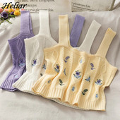 HELIAR Ženske pletene kratke majice s cvjetnim vezom Ženske ležerne tube majice Ležerne rebraste slatke majice kratke majice Ženske ljeto 2023.