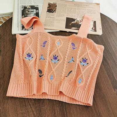 HELIAR Ženske pletene kratke majice s cvjetnim vezom Ženske ležerne tube majice Ležerne rebraste slatke majice kratke majice Ženske ljeto 2023.