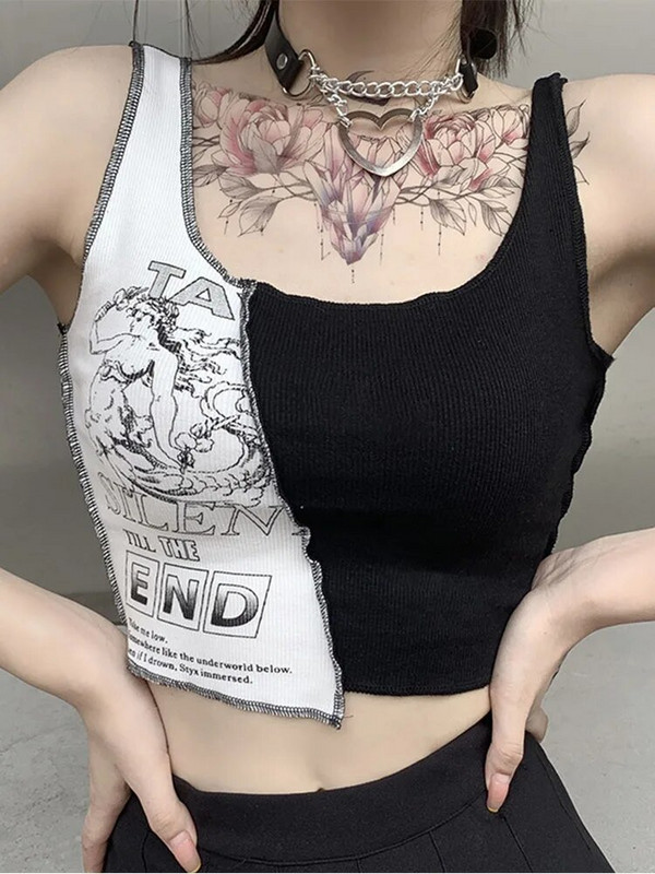 Punk-stiilis lapitehnikas manteltopsid Esteetilise kirja- ja graafilise prindiga naiste kärbitud värvi blokeerivad varrukateta tänavarõivad