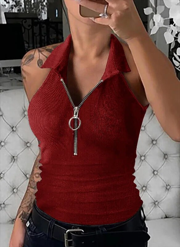 Европа и Съединените щати нова пролет и лято едноцветна жилетка с ревер и цип, дамска модна ежедневна тениска дамска