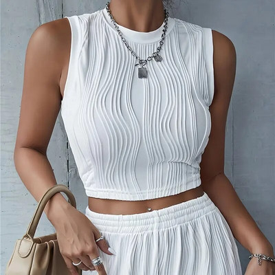 Top fără mâneci din tricot cu coaste Crop top casual de vară Îmbrăcăminte de stradă Slim Fit High Street Style Moda coreeană pentru femei