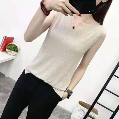 Καλοκαιρινό γυναικείο γιλέκο με λαιμόκοψη V Λεπτές πλεκτές φαρδιά μπλούζες Basic μονόχρωμο αμάνικο μπλουζάκι για γυναίκες Casual μπλούζες Tank