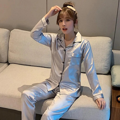 Ühevärvilised magamisriided siidist satiinist pidžaamapaarikomplekt, pika nööbiga pidžaamade komplekt, pidžaamaülikond, naiste meeste puhkeriided suures suuruses Pj komplekt