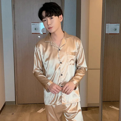 Ühevärvilised magamisriided siidist satiinist pidžaamapaarikomplekt, pika nööbiga pidžaamade komplekt, pidžaamaülikond, naiste meeste puhkeriided suures suuruses Pj komplekt