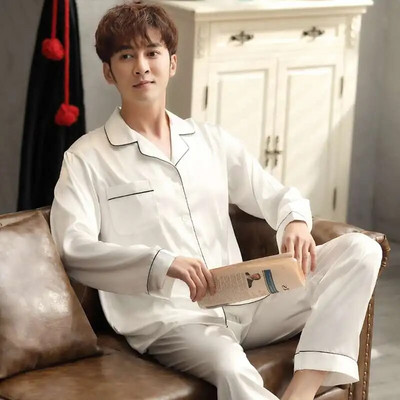 Ühevärvilised magamisriided siidist satiinist pidžaamapaarikomplekt, pika nööbiga pidžaamade komplekt, pidžaamaülikond, naiste meeste puhkeriided suures suuruses Pj komplekt