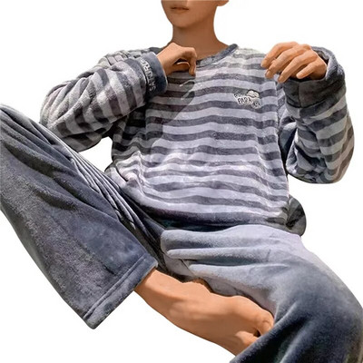 Ανδρικές χειμερινές φανελένιες πιτζάμες Σετ δύο τεμαχίων μακρυμάνικο παντελόνι με στρογγυλή λαιμόκοψη ελαστικό στη μέση Ρούχα για το σπίτι Ζεστά σαλόνια