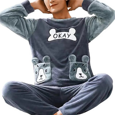 Ανδρικές χειμερινές φανελένιες πιτζάμες Σετ δύο τεμαχίων μακρυμάνικο παντελόνι με στρογγυλή λαιμόκοψη ελαστικό στη μέση Ρούχα για το σπίτι Ζεστά σαλόνια