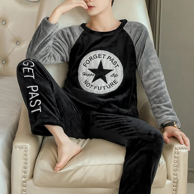 Ανδρικές χειμερινές φανελένιες πιτζάμες Σετ δύο τεμαχίων μακρυμάνικο παντελόνι με στρογγυλή λαιμόκοψη ελαστικό στη μέση Ρούχα για το σπίτι Ζεστά σαλόνια