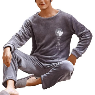 Ανδρικές χειμερινές φανελένιες πιτζάμες Σετ δύο τεμαχίων μακρυμάνικο παντελόνι με στρογγυλή λαιμόκοψη ελαστικό στη μέση Ρούχα για το σπίτι Ζεστά σαλόνια