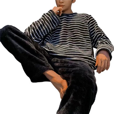 Ανδρικές χειμερινές φανελένιες πιτζάμες Σετ δύο τεμαχίων μακρυμάνικο παντελόνι με στρογγυλή λαιμόκοψη ελαστικό στη μέση Ρούχα για το σπίτι Ζεστά σαλόνια