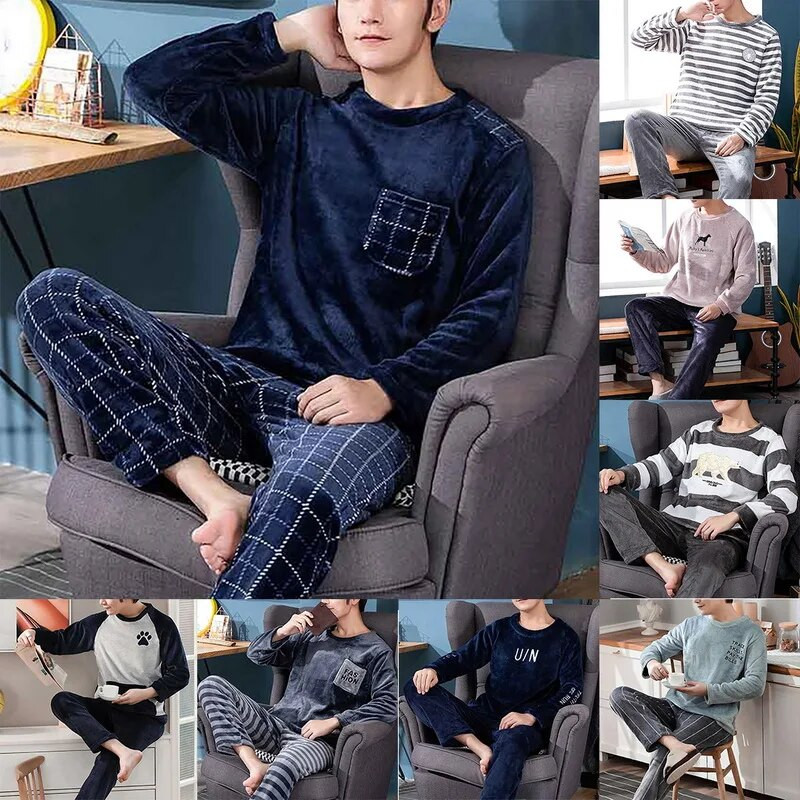 Ανδρικές χειμερινές φανελένιες πιτζάμες Σετ δύο τεμαχίων μακρυμάνικο παντελόνι με στρογγυλή λαιμόκοψη ελαστικό στη μέση Ρούχα για το σπίτι Ζεστά σαλόνια