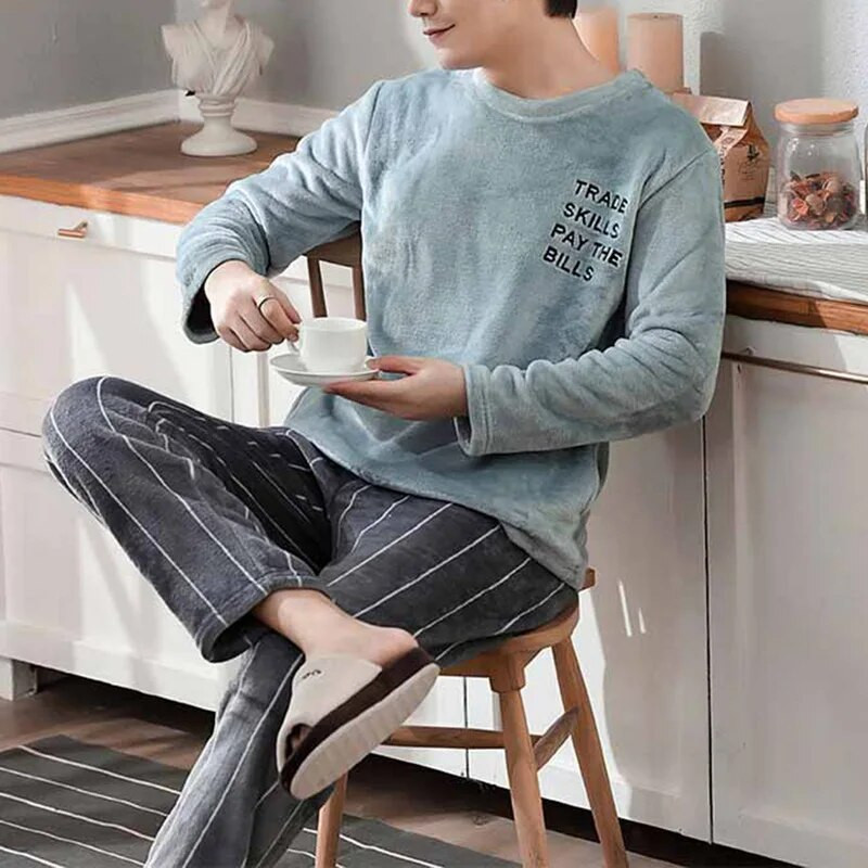 Ανδρικές χειμερινές φανελένιες πιτζάμες Σετ δύο τεμαχίων μακρυμάνικο παντελόνι με στρογγυλή λαιμόκοψη ελαστικό στη μέση Ρούχα για το σπίτι Ζεστά σαλόνια