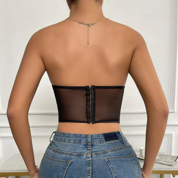 Σέξι γυναικείο κορσέ φλοράλ δαντέλα γιλέκο, στράπλες αμάνικο streetwear Y2k μαύρο crop top, λευκό κέντημα με δαντέλα Hollow Tank Top