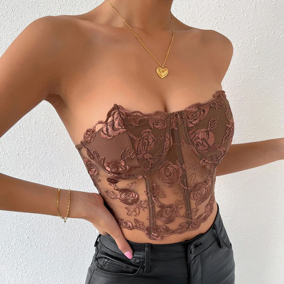 Seksikas naiste lilleline pitsvest korsett, olkadeta varrukateta tänavarõivad Y2k must kärbitud topp, valge pitstikandiga õõnes topp