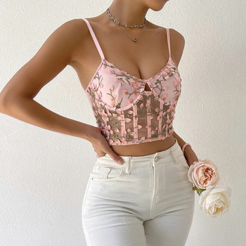 Yimunancy Floral Emrbroidery Cami Cropped Top Women Spaghetti Strap Ladies Boho Top Camisole Bluas