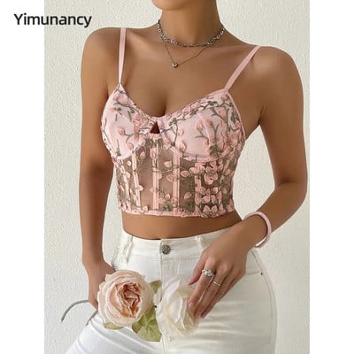 Yimunancy ziedu izšuvumi Cami apgriezti top sieviešu spageti siksniņas dāmu boho top bez muguras Camisole Bluas