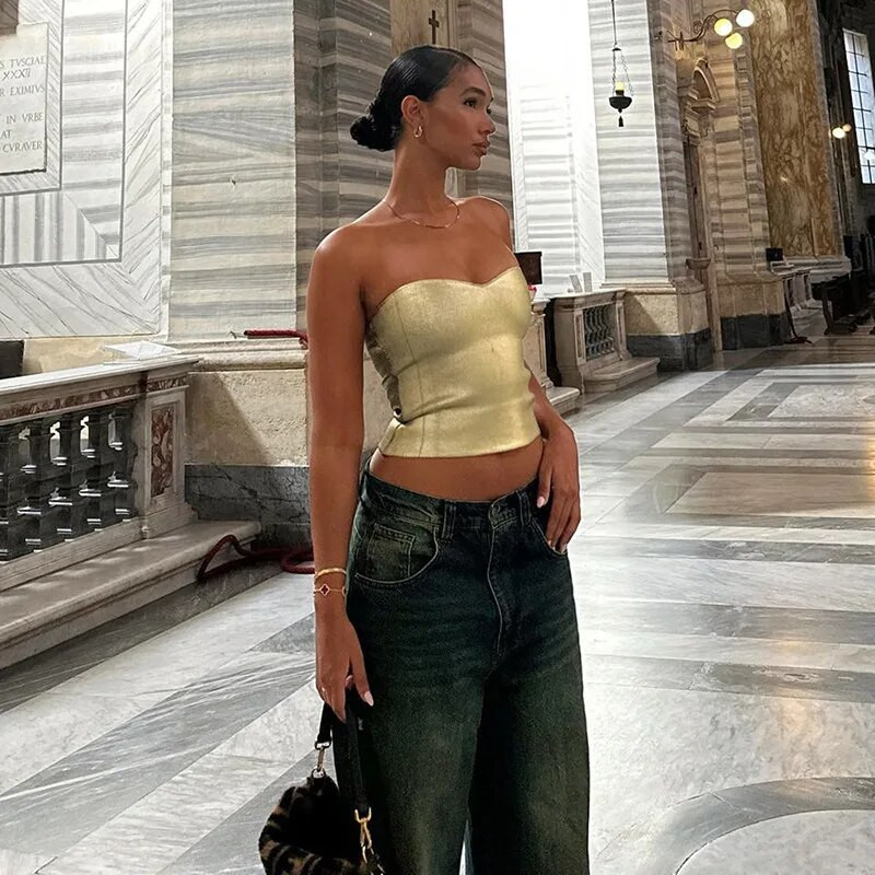 Krüptograafiline mood Vintage Olkaimeta Kuldsed Crop Tops Peoklubi rõivad naistele Tube vest Seksikad seljata rinnaga topid Y2K