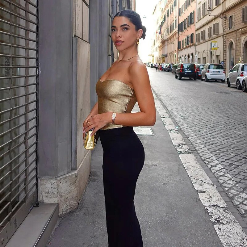 Krüptograafiline mood Vintage Olkaimeta Kuldsed Crop Tops Peoklubi rõivad naistele Tube vest Seksikad seljata rinnaga topid Y2K