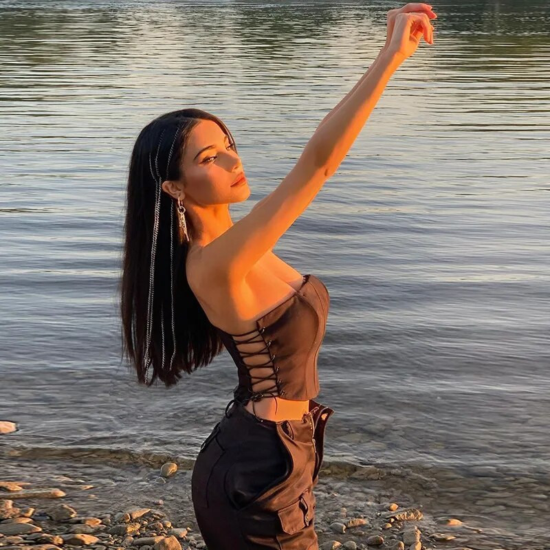 Krüptograafiline õlgadeta paelteta Seksikas rinnakorsett korsett tops naistele Must varrukateta vestiga kärbitud naiselik