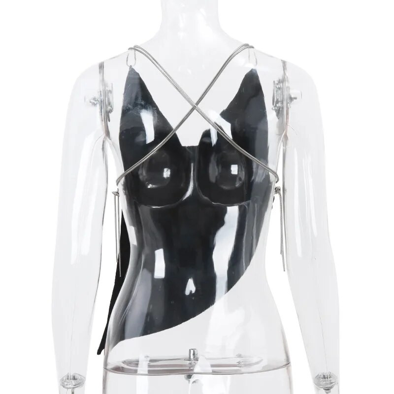 Seksualūs be nugarų apkarpyti kriptografiniai apdarai Rave festivalio apranga moterims Be nugaros Prašmatnus Elegantiškas asimetrinis apkarpytas viršus Y2K