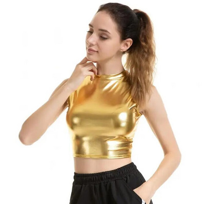 LJCUIYAO Moteriškos apkarpytos Blizgančios medžiagos Oda berankovių liemenių sportiniai batviršiai Aukso sidabro spalvos blizgantys spalvingi žaliai raudoni drabužiai