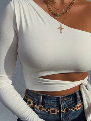 Γυναικείο γυναικείο επίδεσμο slim μπλουζάκι μακρυμάνικο παπιγιόν με έναν ώμο ελαστικό μασίφ T Μπλουζάκι κρύο ώμο σέξι crop top Club Street