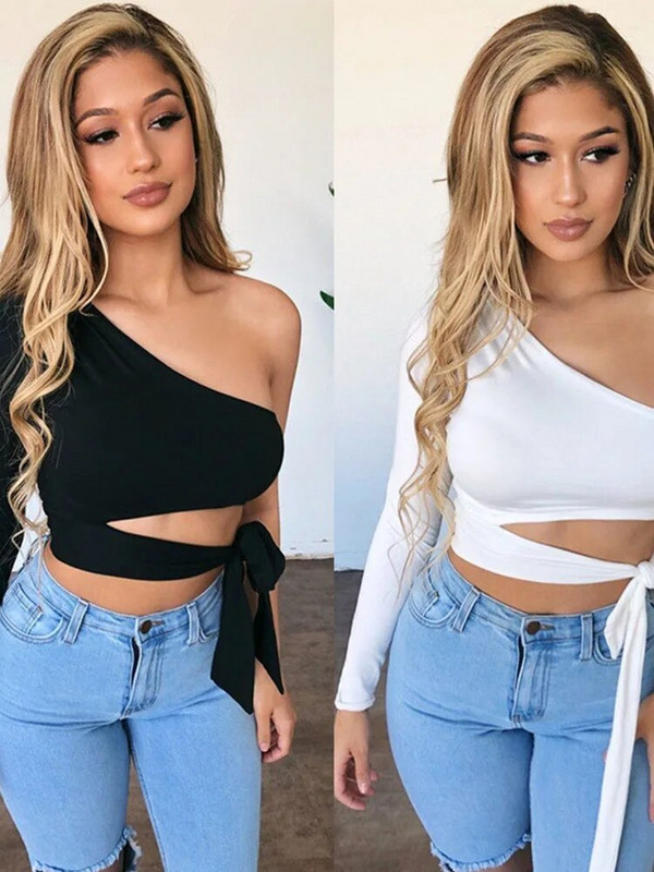 Ženske dame, uske majice s bandažom, dugih rukava, jedno rame, leptir-kravata, elastična čvrsta majica hladnih ramena, seksi majica kratkih rukava Club Street