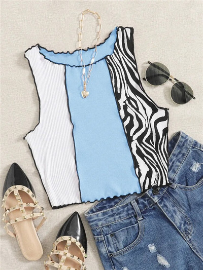 Sebra-triibuline graafiline lapiline soonik, kootud, ruched Crop vest, naiste Y2K riided, suvised Harajuku varrukateta topid 2022. aasta tänavarõivad