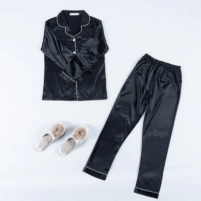 2 τεμάχια Faux Silk Σατέν Πυτζάμες Φθινοπωρινά Γυναικεία Sleepwear Μακρυμάνικα Νυχτικά Μεταξένια άνετα Sleepsuits φιλικά προς το δέρμα