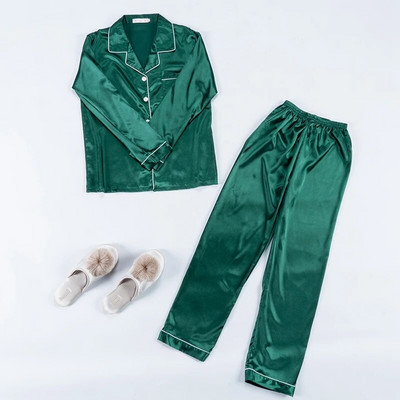 2 τεμάχια Faux Silk Σατέν Πυτζάμες Φθινοπωρινά Γυναικεία Sleepwear Μακρυμάνικα Νυχτικά Μεταξένια άνετα Sleepsuits φιλικά προς το δέρμα