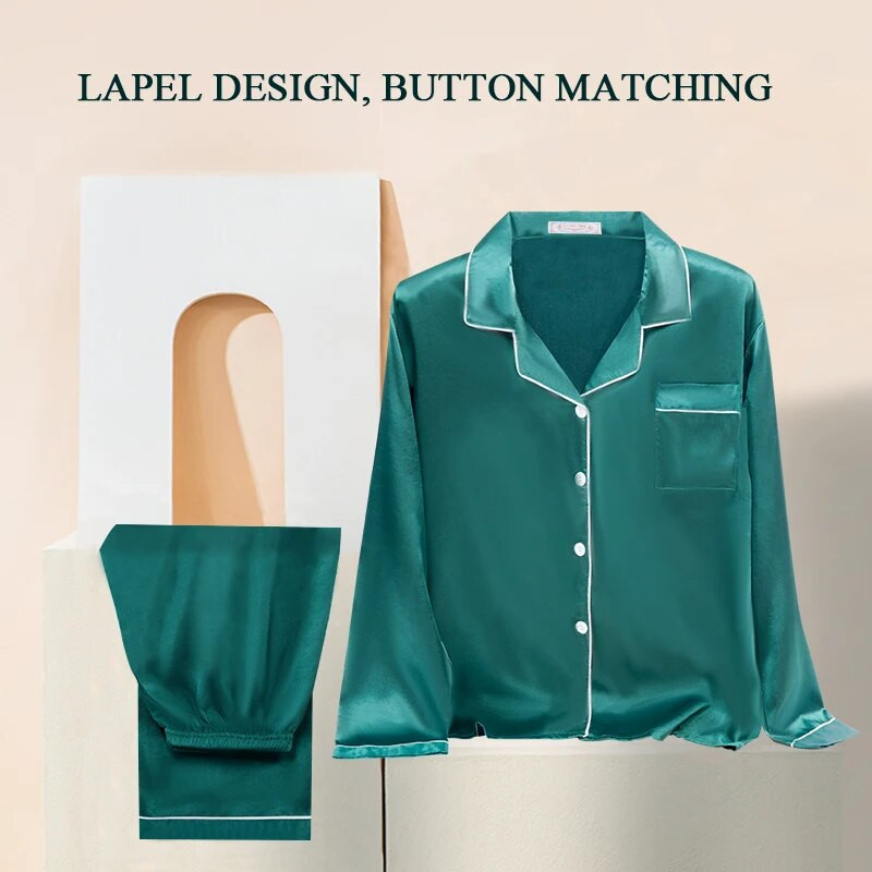 2 τεμάχια Faux Silk Σατέν Πυτζάμες Φθινοπωρινά Γυναικεία Sleepwear Μακρυμάνικα Νυχτικά Μεταξένια άνετα Sleepsuits φιλικά προς το δέρμα