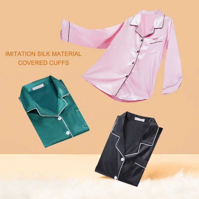 2 τεμάχια Faux Silk Σατέν Πυτζάμες Φθινοπωρινά Γυναικεία Sleepwear Μακρυμάνικα Νυχτικά Μεταξένια άνετα Sleepsuits φιλικά προς το δέρμα