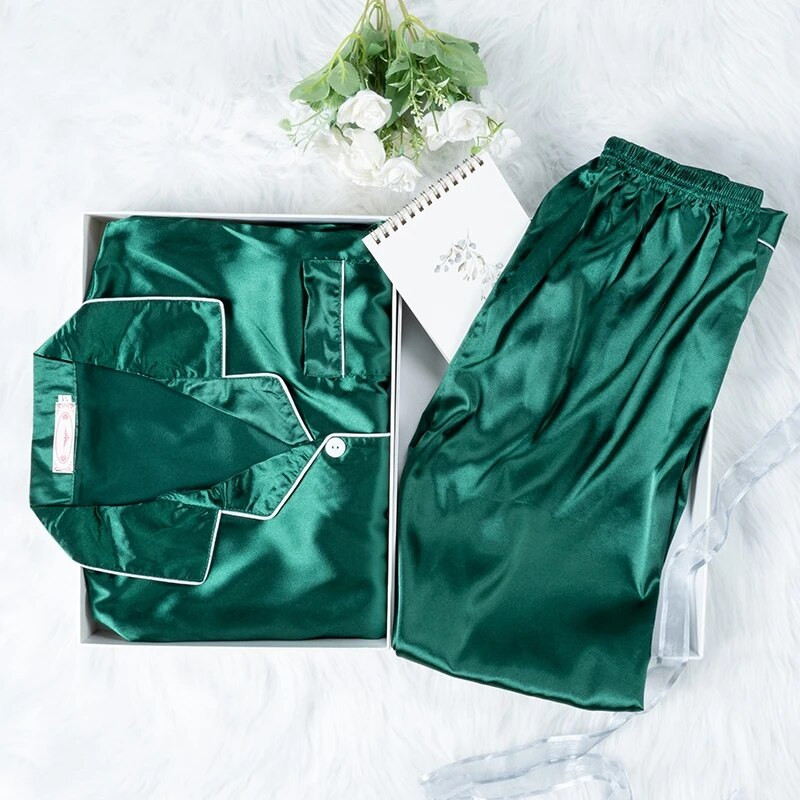 2 τεμάχια Faux Silk Σατέν Πυτζάμες Φθινοπωρινά Γυναικεία Sleepwear Μακρυμάνικα Νυχτικά Μεταξένια άνετα Sleepsuits φιλικά προς το δέρμα