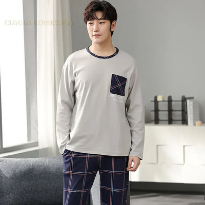 Gamintojas Rudens vyriškos medvilnės pižamos raidėmis dryžuoti miego drabužiai animacinių filmų pižamų rinkiniai laisvalaikio poilsio kostiumai pižamos didelio dydžio 3XL pižama