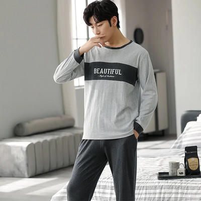 Gamintojas Rudens vyriškos medvilnės pižamos raidėmis dryžuoti miego drabužiai animacinių filmų pižamų rinkiniai laisvalaikio poilsio kostiumai pižamos didelio dydžio 3XL pižama