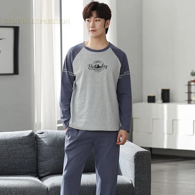 Gamintojas Rudens vyriškos medvilnės pižamos raidėmis dryžuoti miego drabužiai animacinių filmų pižamų rinkiniai laisvalaikio poilsio kostiumai pižamos didelio dydžio 3XL pižama